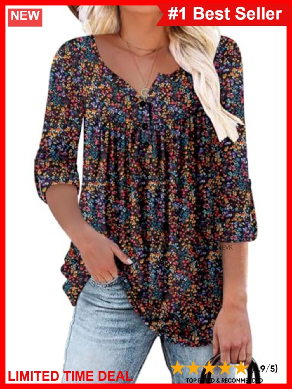 Womens Floral Tunic Top V-Neck Long Sleeve Ruffle Blouse